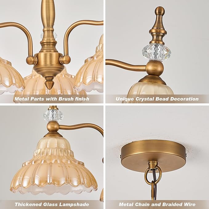 HDDFL Chandelier 3 Lights Chandeliers Lamp Modern Pendant Lighting Fixtures for Dining Room Entryway Living Room Bedrooms Kitchen Brown and Brass