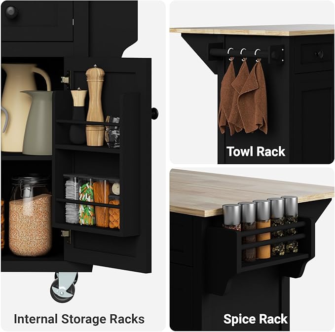 Rovibek Kitchen Island with Drawers 53 in Rolling Island Cart Mobile Portable Islands on Wheels Solid Wood Island with Storage Cabinet & Drawers, Jet Black