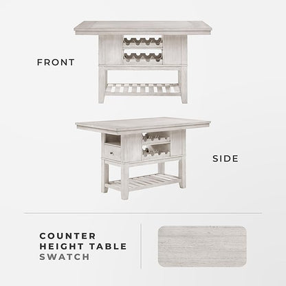Lexicon 60" Farmhouse Counter Height Dining Table for 6, Solid Wood Frame Acacia Veneer Rectangular Dining Table with Wine Storage, Drawers, and Open Shelves, Brushed Antique White