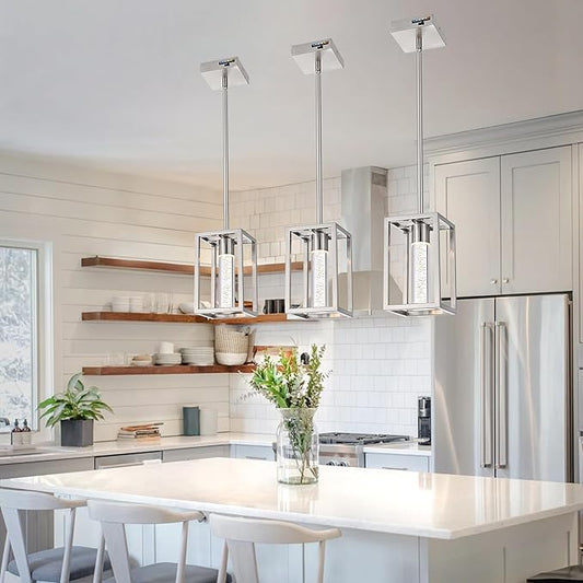 MELUCEE 3 Pack 15W LED Bubble Crystal Pendant Lights Kitchen Island, Modern Led Pendant Light 5 Color Temperature Adjustable, Brushed Nickel Dining Room Light Fixtures Adjustable Height, 3000-6000K