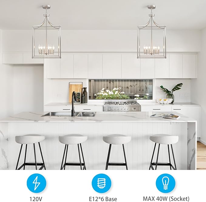 XINGQI 15.7" Brushed Nickel Chandeliers for Dining Room Modern Farmhouse Geometric 6-Light Hanging Lantern Pendant Lighting Fixture for Foyer Kitchen Island Dinning Room Living Room