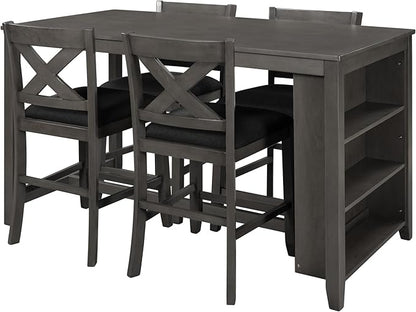 VilroCaz Farmhouse 5-Piece Dining Set, Compact Bar Pub Table With 3-Tier Shelf, Wooden Counter Height Table for 4, Perfect for Small Kitchen Dining Room (Gray-4 Chairs)