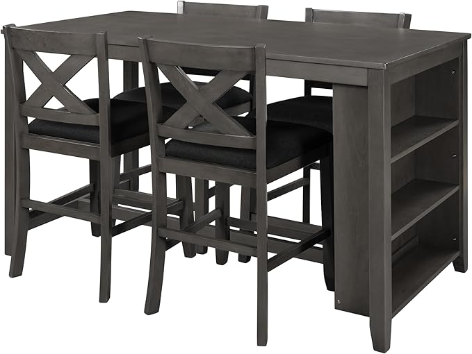 Counter Height Bar Table Set of 5,Rustic Farmhouse 4 Cushion Chairs with X Backs and Footrest for Kitchen,Dinning Room (Gray Tabletop+Frame+Fabric)