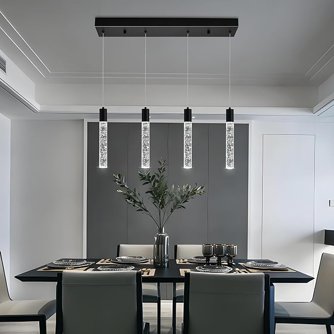 4 Light Pendant Lights Kitchen Island, Modern Matte Black Crystal Pendants with Dimmable 3000K-6000K LED Ceiling Hanging Light Fixture for Dining Room Bedroom, Adjustable Height 59"