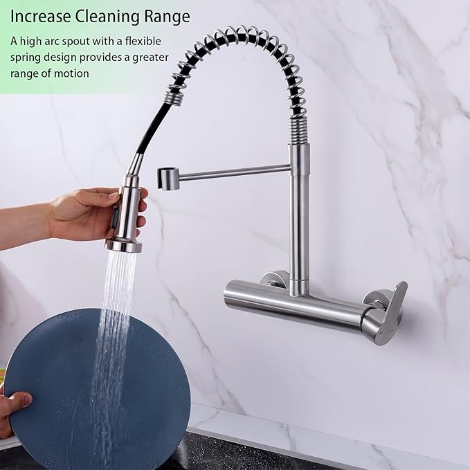 Wall Mount Faucet 8 Inches Center, with Pull Down Sprayer, High Arc Single Handle Spring Kitchen Sink Faucets, Grifos De Cocina, Brushed Nickel