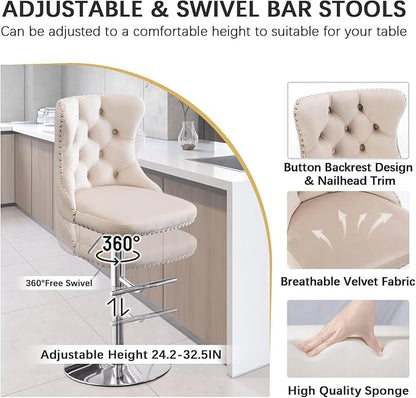 Small Round Bar Table and Adjustable Barstools Set for 2, Glass Counter Height Table with 2 Velvet Bar Chairs Swivel Island Chairs for Bistro Pub (Silver Metal Legs, Clear Top + Beige Chair)