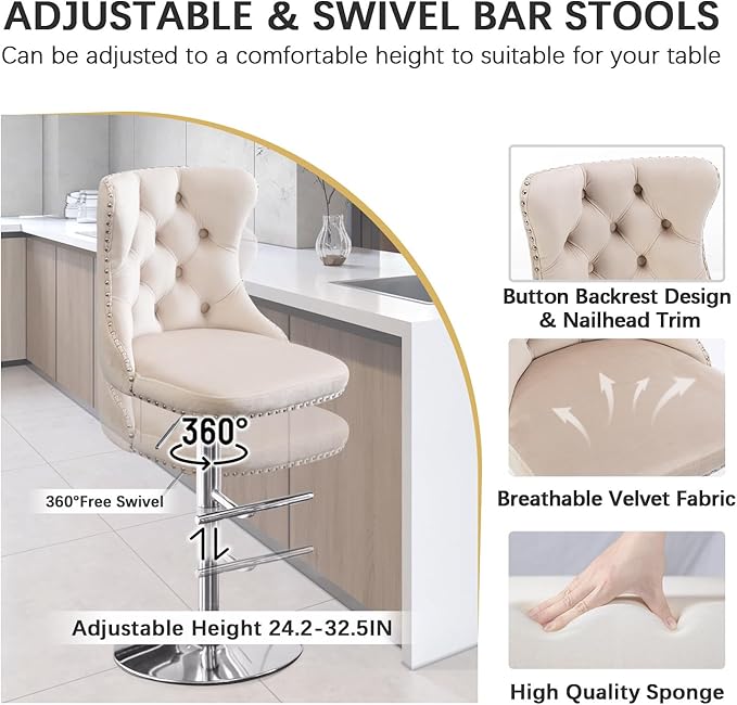 yeag 31.5'' Modern Luxury Glass Bar Table Set for 4, Round Pub Table Cocktail Table and 4 Adjustable Velvet Swivel Barstools Island Chairs for Bistro (Silver Metal Legs, Clear Top + Beige Chair)