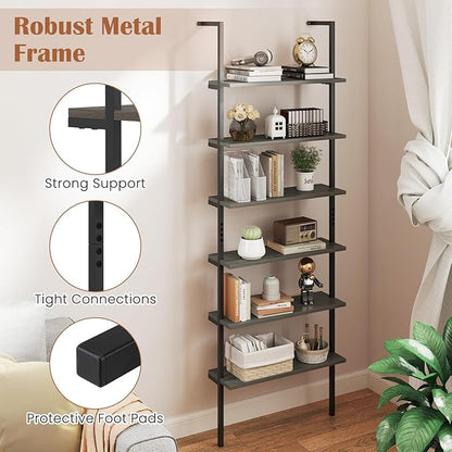 Giantex 6-Tier Ladder Shelf, 72" Wall Mounted Bookshelf with Metal Frame, Industrial Open Storage Shelves, Wooden Bookcase Display Rack for Living Room, Home Office, Bedroom,Gray