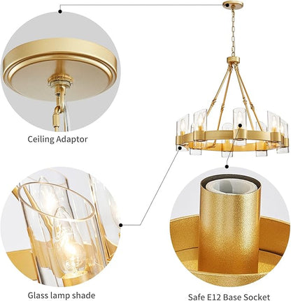 WUZUPS Wagon Wheel Chandelier 8-Light with Clear Glass Industrial Modern Farmhouse Round Light Fixture for Dining Room Kithen Island Foyer, Width 26" Height 22", Gold