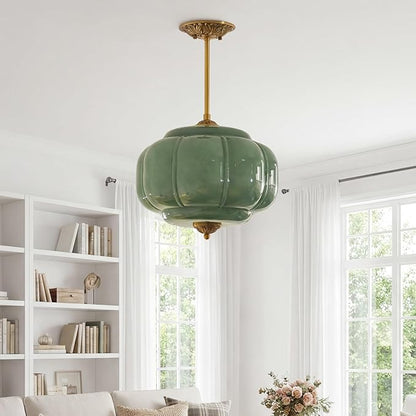Milk Glass Ceiling Light Fixture - Antique Brass Semi Flush Mount Pendant Light for Kitchen, Hallway, and Bedroom (Green 15 inch)