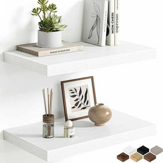 Floating Shelves Set of 2, 12 Inch Deep Floating Shelves with Heavy Duty Brackets, 20'' Rustic White Wood Wall Mounted Shelf for Bathroom, Bedroom, Living Room & Kitchen, Modern Home Decor Storage