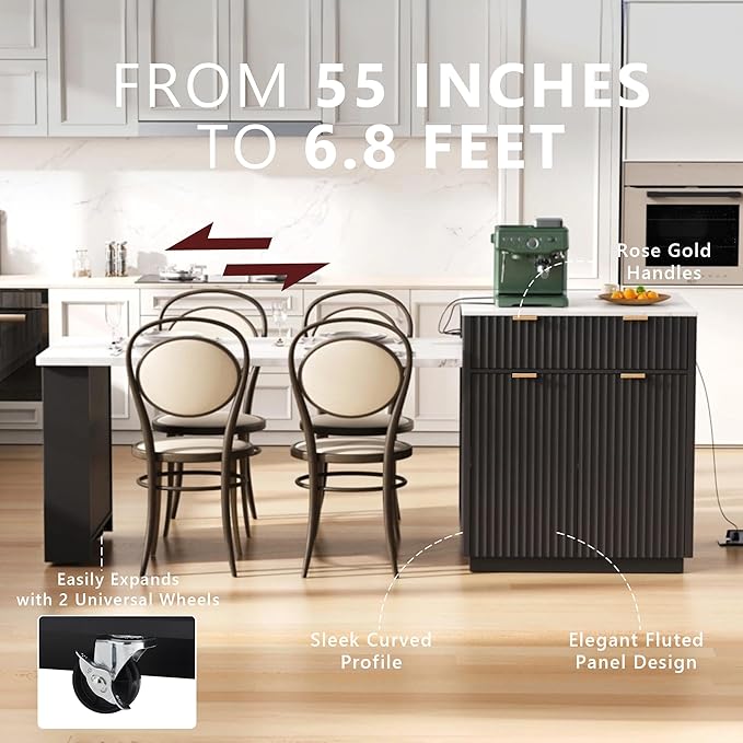 JIJIWANG 82.6" Fluted Kitchen Island with Extendable Dining Table for 4-6, Island Table for Kitchen with Power Outlet, Kitchen Table with Double-Side Storage, 2 Drawers 2 Side Open Shelves, Black
