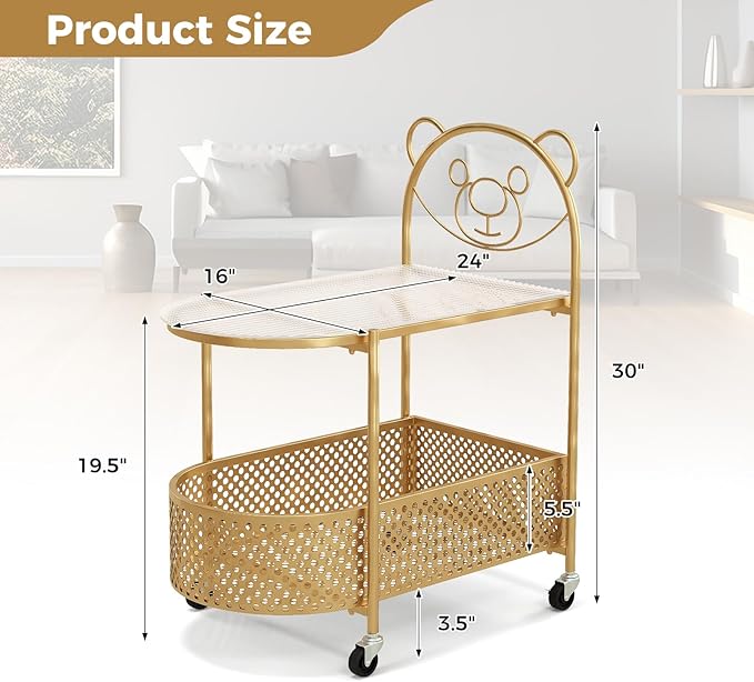 Giantex 2-Tier Modern Bear Pattern Coffee Table, Golden/White Lacquered Finish, Tempered Glass Top, Storage Basket, Wheels