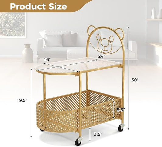 Giantex 2-Tier Modern Bear Pattern Coffee Table, Golden/White Lacquered Finish, Tempered Glass Top, Storage Basket, Wheels