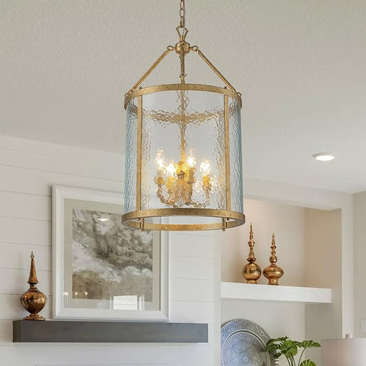 Lingkai Modern Brass Chandelier, 4-Light Water Ripple Glass Light Fixture, Lantern Farmhouse Chandeliers for Dining Room, Living Room, Foyer