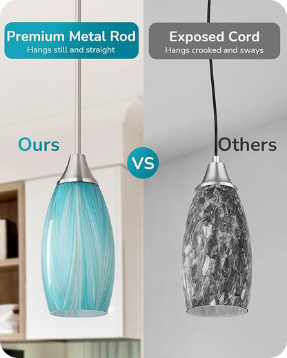 EDISHINE Pendant Lights Kitchen Island, Blue Handcrafted Art Glass, Blown Glass Pendant with 5.12” Dia x 11.40” H Shade, Teal with Gold, Adjustable Brushed Nickel Rods, Hardwired Over Island Bar, E26