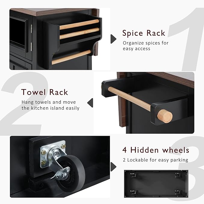54.9" Kitchen Island with Drop Leaf and Drawers, Rolling Kitchen Cart with Shelves and Storage Cabinet, Kitchen Prep Table on Wheels with Power Outlet and Cross Barn Doors & Visual Glass Door Black