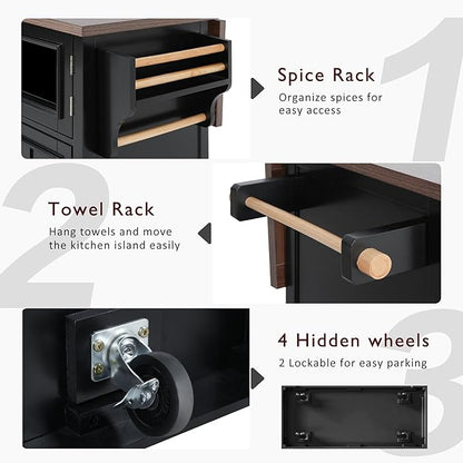 54.9" Kitchen Island with Drop Leaf and Drawers, Rolling Kitchen Cart with Shelves and Storage Cabinet, Kitchen Prep Table on Wheels with Power Outlet and Cross Barn Doors & Visual Glass Door Black