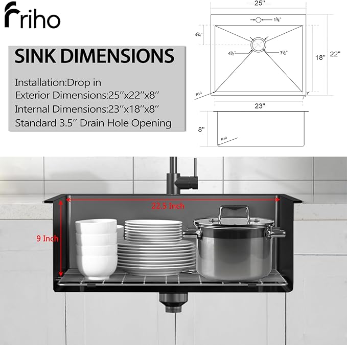 Friho 25x22 Inch Black Drop In Kitchen Sink, Stainless Steel Square RV Laundry Utility Sink, 25 Inch Topmount Deep Small Single Bowl Kitchen Sink