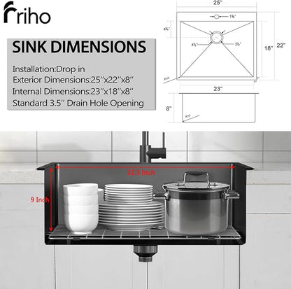 Friho 25x22 Inch Black Drop In Kitchen Sink, Stainless Steel Square RV Laundry Utility Sink, 25 Inch Topmount Deep Small Single Bowl Kitchen Sink