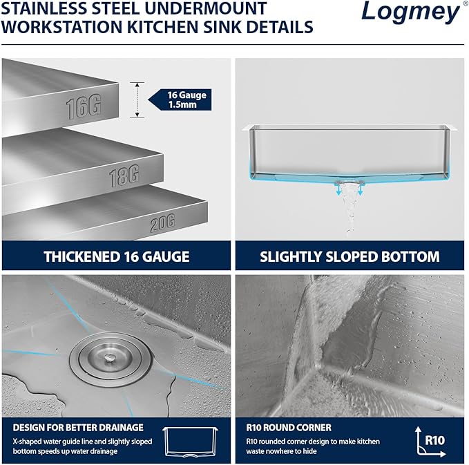 Logmey 36 Inch Undermount Kitchen Sink Stainless Steel Workstation 16 Gauge T304 Single Bowl Sink 36x19x9 Large Basin Under Counter Kitchen Sinks