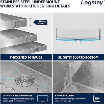 Logmey 36 Inch Undermount Kitchen Sink Stainless Steel Workstation 16 Gauge T304 Single Bowl Sink 36x19x9 Large Basin Under Counter Kitchen Sinks