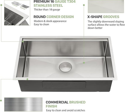 30 Inch Undermount Kitchen Sink - Beslend SUS304 16 gauge Stainless Steel Single Bowl Workstation 30x19 Inch Kitchen Sinks Handmade Under Counter 30x19x10 Inch