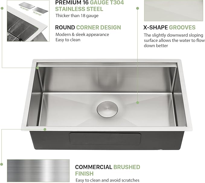 Undermount Kitchen Sink 33 Inch Single Bowl - Beslend Heavy-Duty 16 Gauge Stainless Steel Workstation, 10 Inch Deep Ledge Basin with Customized Accessories for Home Kitchen/Renovation