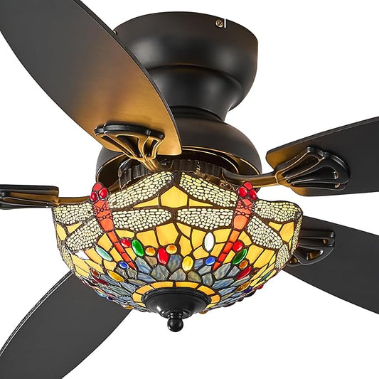 Tiffany Ceiling Fans with Lights - 48" Ceiling Fan Chandelier with 5 Dual-Blades and Glass Shade, 6 Speeds and Reversible, Indoor and Outdoor, Retro Style