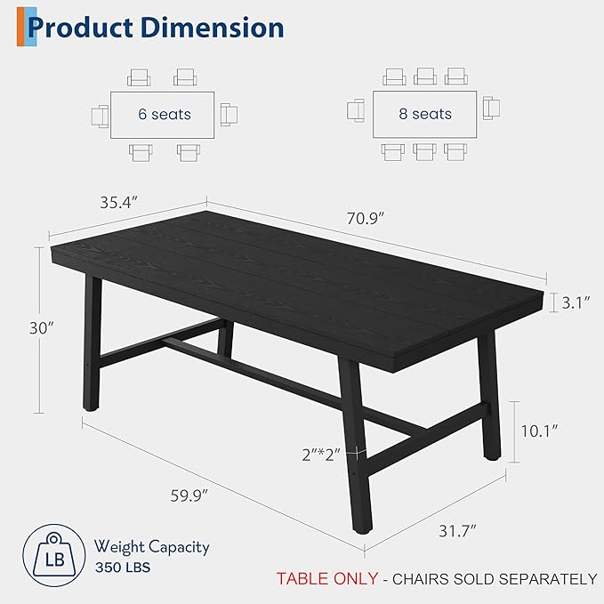 GarveeHome 70.87 Inch Industrial Dining Room Table for 6-8 People, Long Rectangular Table for Dining Room & Kitchen, Heavy Duty Metal Frame, Black