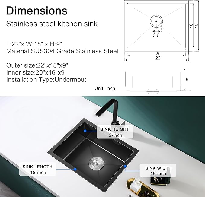 MENATT 22 inch Undermount Kitchen Sink Black, 18-Gauge Stainless Steel Handmade Single Bowl Kitchen Bar Sink Undermount, 22"x18"x9"