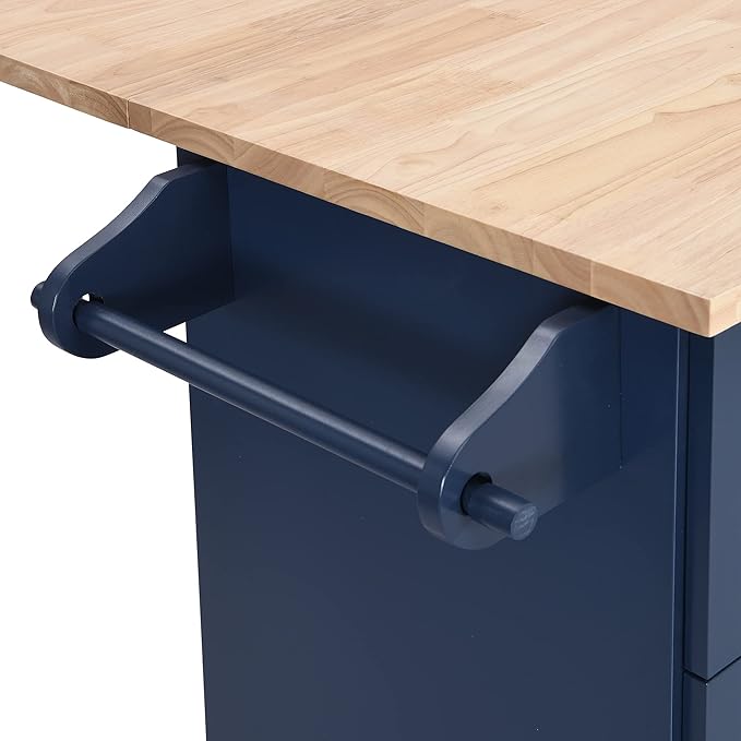 Modern Counter Height Drop Leaf Kitchen Island Set with 2 Seatings, Solid Wood Freestanding Dining Table Set with Storage Cabinet, Drawers and Towel Rack for Dining Room Kitchen (Blue)