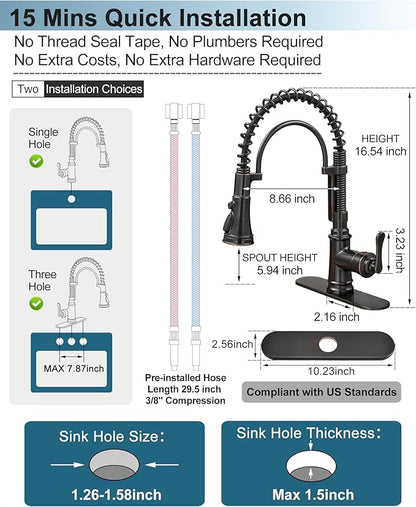 3 Modes Bronze Kitchen Faucet with Pull Down Sprayer, Single Hole Kitchen Sink Faucet 3 Hole, Stainless Steel High Arc Spring Style, 360 Degree Swivel with One Handle & Deck Plate for Farmhouse