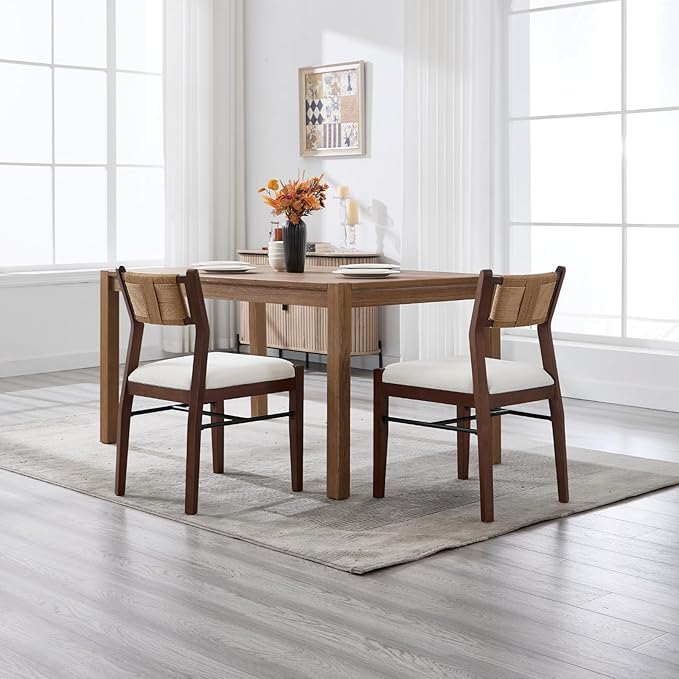 RIVOVA Farmhouse Woven Dining Chairs Set of 2 with Weave Paper Rope Back, White Chenille Upholstered Kitchen & Dining Room Chairs with Walnut Wood Legs, Mid-Century Armless Kitchen Side Chair
