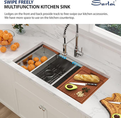 Sarlai 36 Inch Undermount Kitchen Sink Double Bowl Kitchen Sink Low-Divide Large Undermount Workstation16 Gauge Stainless Steel 50/50 Double Basin Under Counter Sinks
