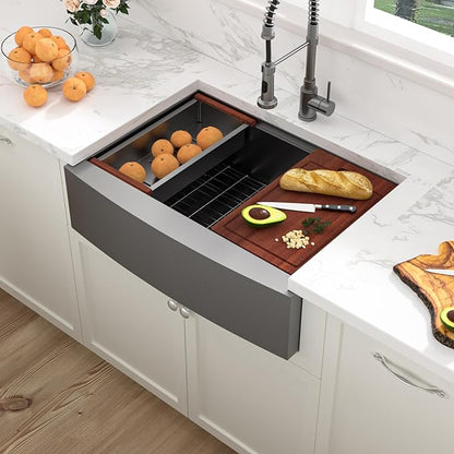 Sarlai 30 Black Farmhouse Kitchen Sink Workstation - 30"x22" Farmhouse Sink Gunmetal Black Apron Front Undermount Kitchen Sink 16 Gauge Stainless Steel Deep Single Bowl Kitchen Farmer Sinks
