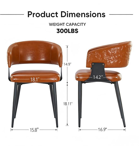Atoll Modern Accent Dining Chairs Set of 2 with Upholstered PU Leather Seat & Curved Back, Metal Legs, Mid-Century Kitchen Chair for Dining Room, Living Room or Office (2, Brown)
