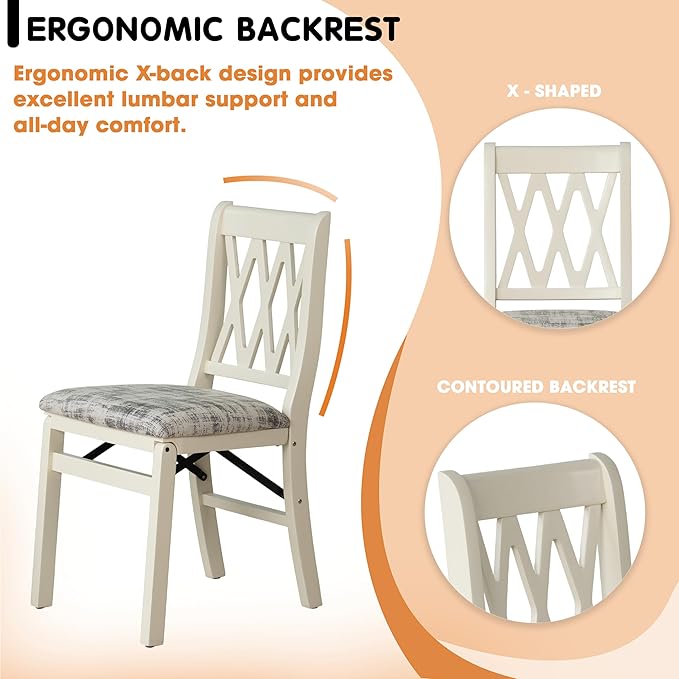 East West Furniture - PNC-LWH-30– Plano Folding Kitchen Chairs with PU Leather Seat, Ready to Use, 3-X Back Design, Set of 2, Linen White Wood Finish