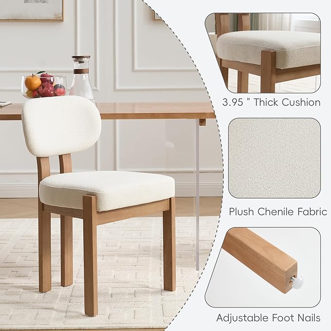 Chenille Dining Chairs Set of 6, Comfy Upholstered Dining Room Chairs Mid Century Modern Farmhouse Fabric Kitchen Chairs with Rubber Wood Legs for Dining Room Kitchen Island Home (Beige)