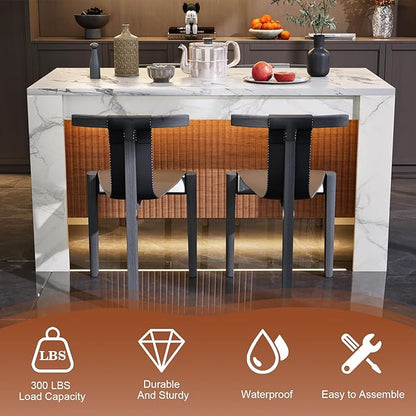 HUATOL Faux Marble Dining Table, 63” Rectangle Island Table with LED Lights for 4-6 People, Mordern Marble Stripes Kitchen Dining Table with Grille Design for Kitchen, Dining Room & Living Room
