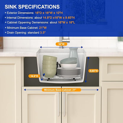 Dcolora 18 In. Undermount Granite Composite Bar Sink Single Bowl Workstation, White Quartz Kitchen Sink, 18" x 18" x 10" #DC-GU0001WS