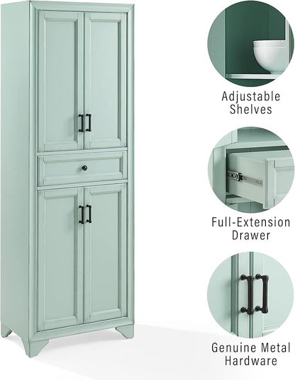 Crosley Furniture Tara Pantry Storage Cabinet with Shelves, Kitchen, Dining, or Laundry Room, Distressed Seafoam Blue