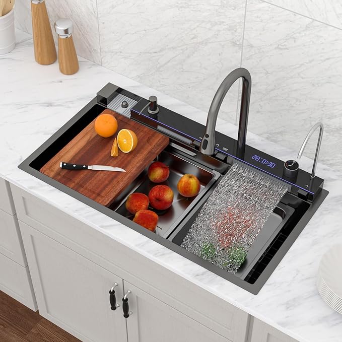 Logmey 33" Smart Dual Waterfall Sink with Digital Display,Water Purifier,Nano PVD Black Drop in Kitchen Sink with Faucet,16 Gauge Stainless Steel Sinks with Temperature Control Knob,5 Buttons,33x19x9