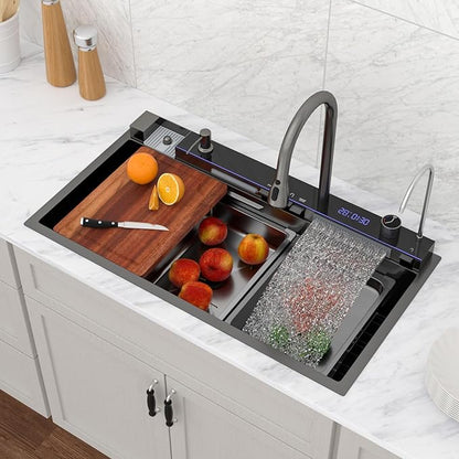 Logmey 33" Smart Dual Waterfall Sink with Digital Display,Water Purifier,Nano PVD Black Drop in Kitchen Sink with Faucet,16 Gauge Stainless Steel Sinks with Temperature Control Knob,5 Buttons,33x19x9