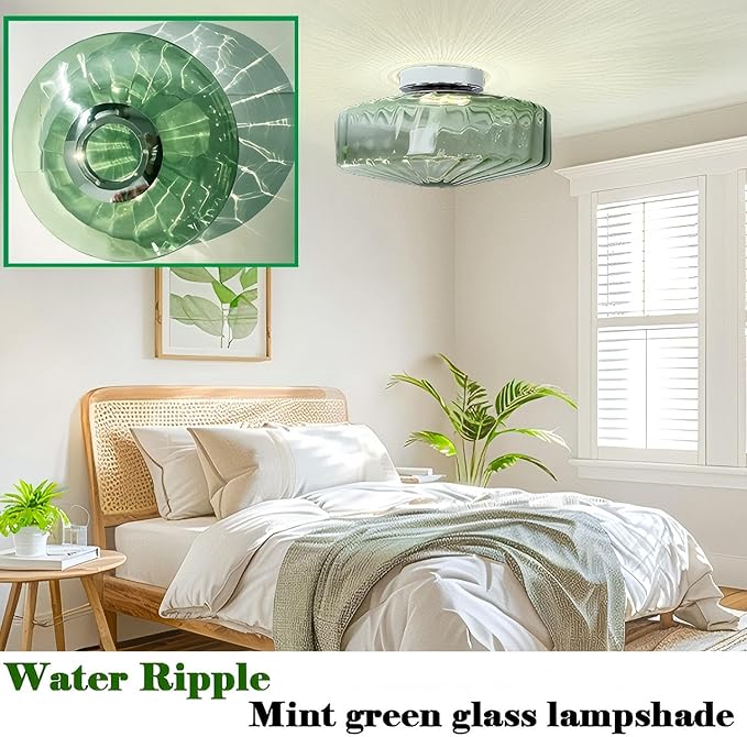 Bofea-Modern Green Ceiling Light Fixture Vintage Glass Flush Mount Ceiling Light Farmhouse Semi Flush Mount Lights Fixtures with Drum Glass Shade,Green Flush Lamp for Hallway Bedroom Foyer Bathroom