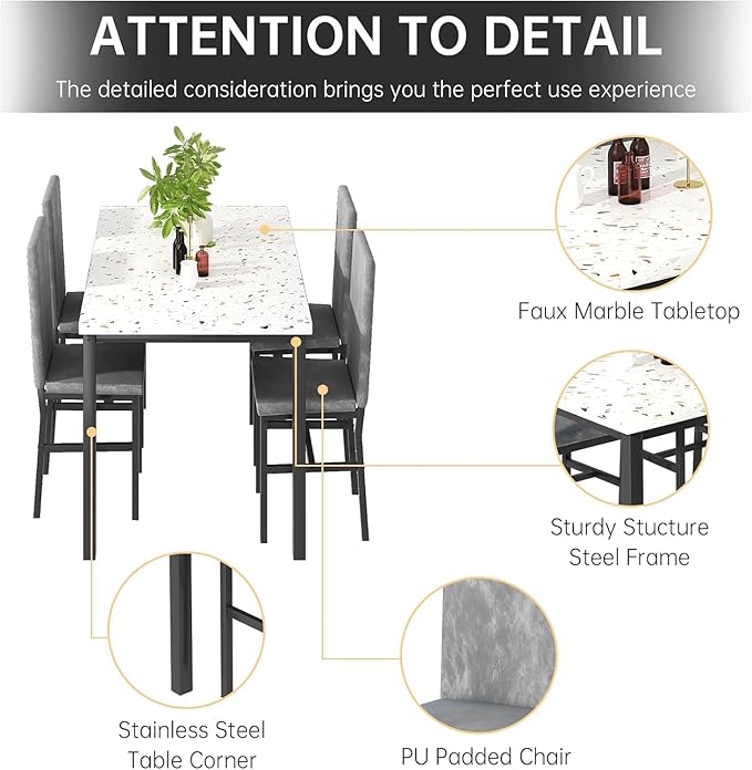 tantohom Dining Table Set for 4, 5-Piece Faux Marble Dining Set,4 Upholstered Velvet Chairs, Modern Kitchen Table Furniture for Dining Room, Dinette, Compact Space-Saving Faux Marble Tabletop, Grey