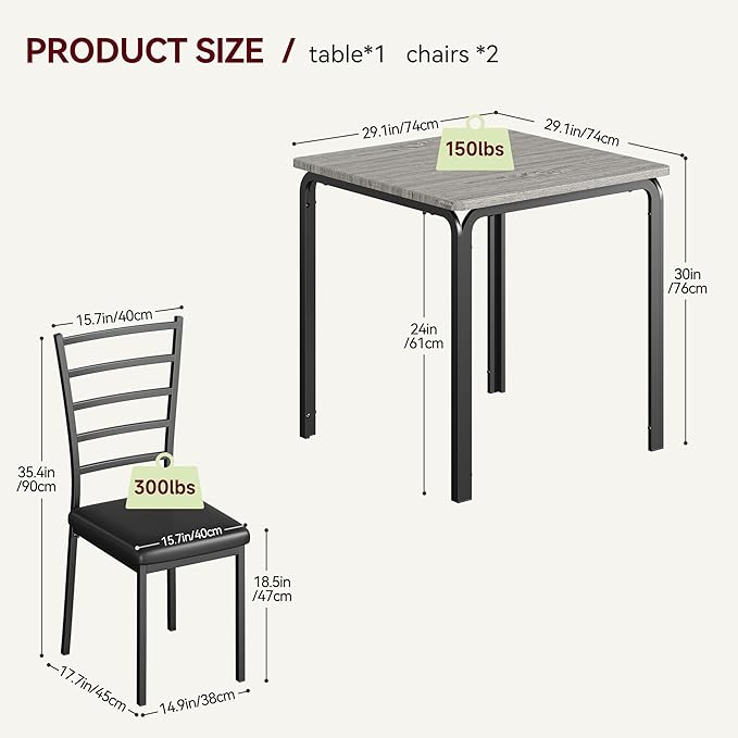 IDEALHOUSE 3-Piece Kitchen Dining Room Table Chair Set for Small Space, Indoor Modern Dinette Set for 2, Square Dinner Table Set for Dinette, Breakfast (Grey)
