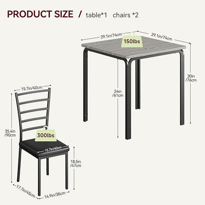 IDEALHOUSE 3-Piece Kitchen Dining Room Table Chair Set for Small Space, Indoor Modern Dinette Set for 2, Square Dinner Table Set for Dinette, Breakfast (Grey)