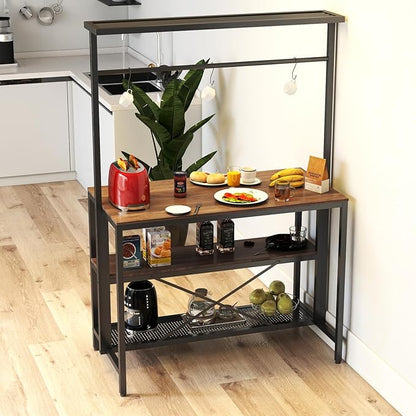 3-Tier Kitchen Island Table with Storage Shelves & Hooks - Walnut Finish