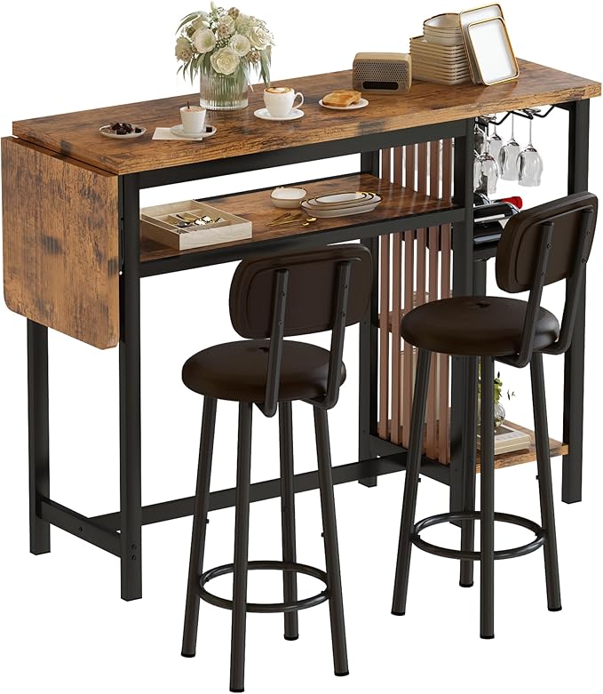 Recaceik 59" Bar Dining Table Set for 2, Bar Table and Chairs Set, Expandable Counter Height Dining Table Set, Small Kitchen Bar Table with Wine Racks & Storage, Breakfast Nook Set for Small Space